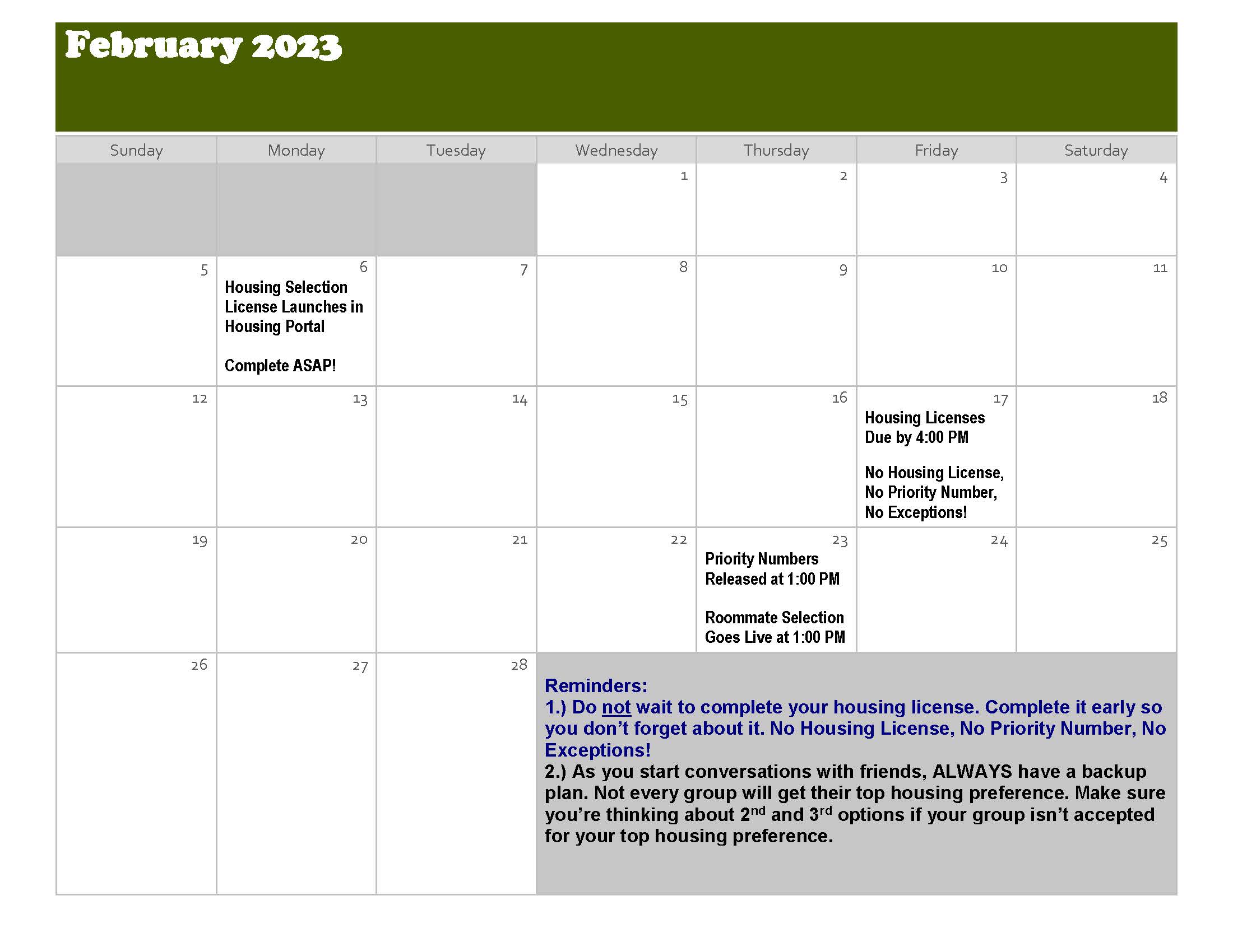 Housing Selection Calendar | Siena College