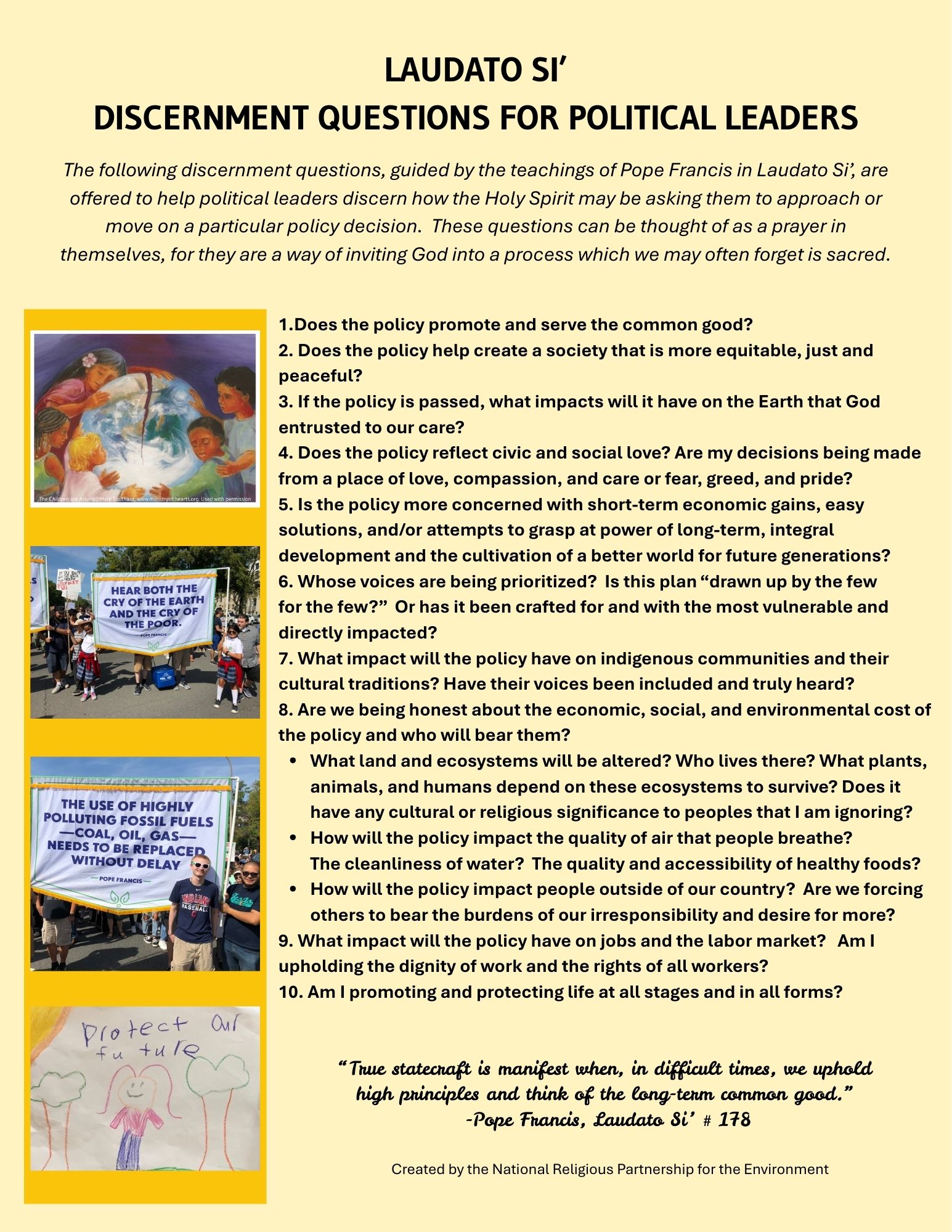 Image of Discernment questions for political leaders on Laudato Si'. This includes some images of advocacy initiatives taking place.