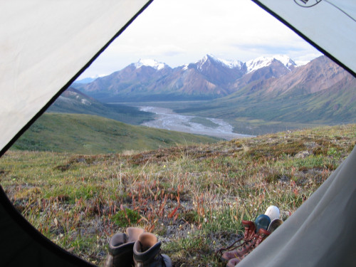 View of the mountains from a tent