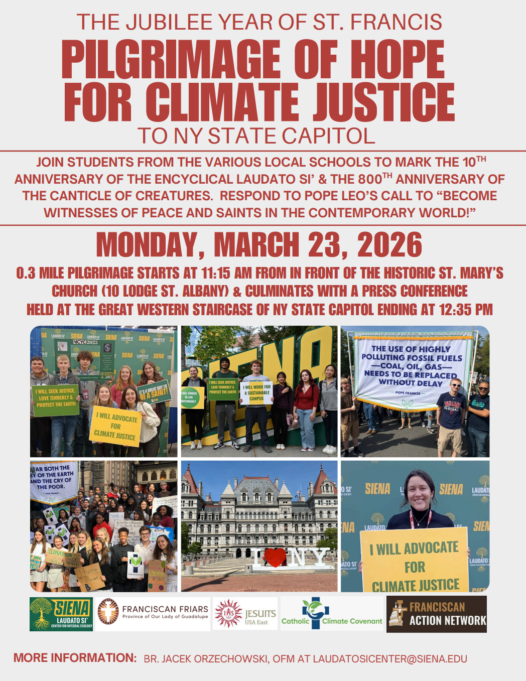 Pilgrimage of Hope flyer with information listed above on this webpage and photos of previous climate advocacy events.