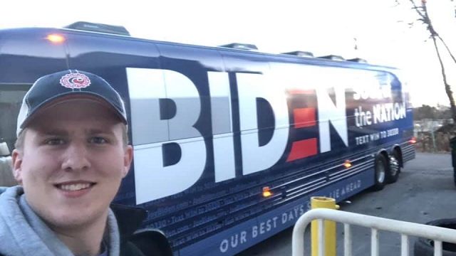 Savage with the Biden campaign bus