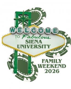 Green and white casino style logo with lights and green casino chips saying Welcome to Fabulous Siena University Family Weekend 2026