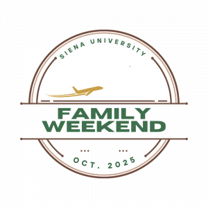 Green Circle Logo with Brown Lettering Reading Family Weekend
