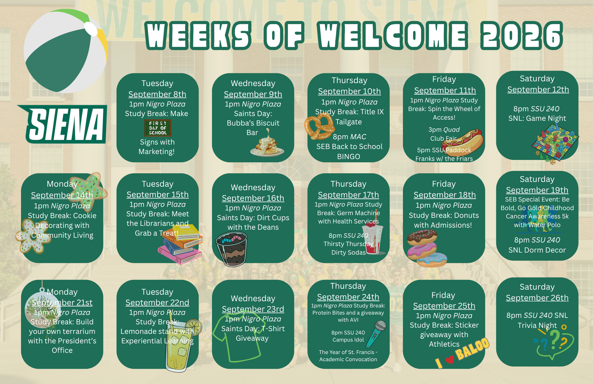Schedule for weeks of welcome programming 